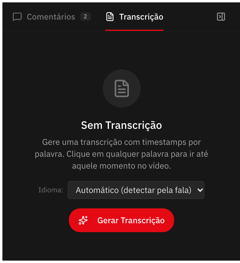 Aba de transcrição com a escolha de idioma