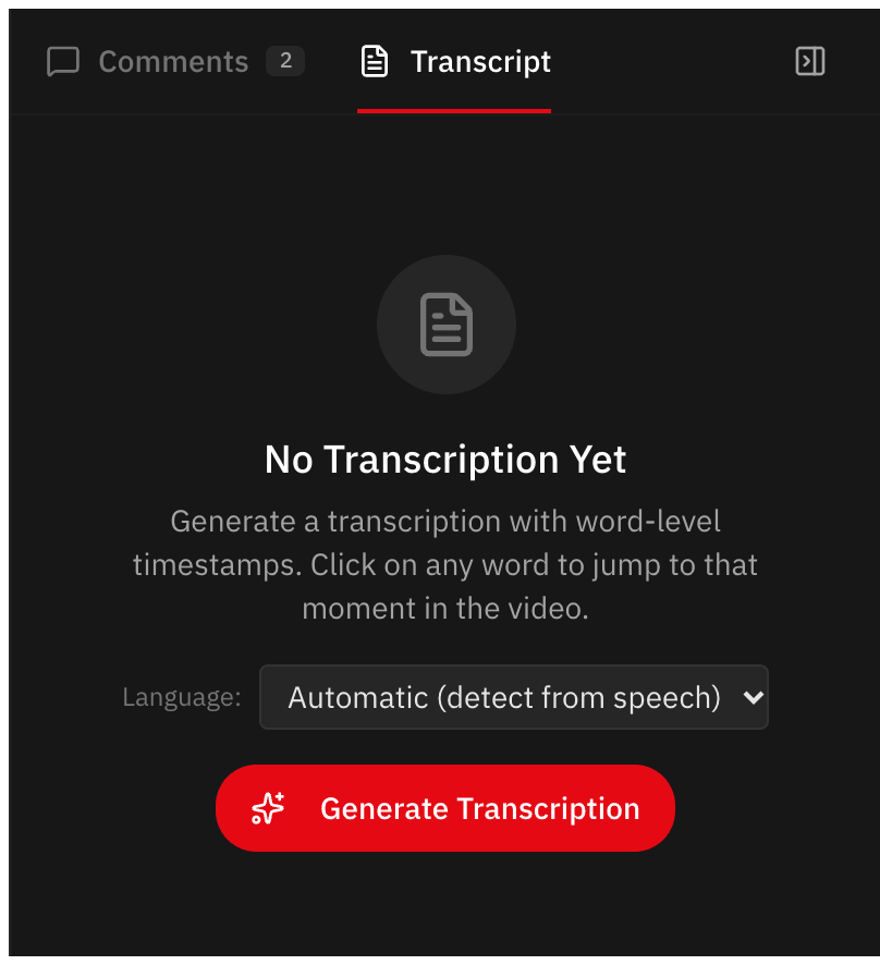 Transcript tab with language choice
