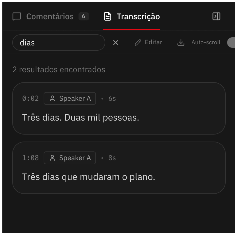 Aba Transcrição com busca por uma palavra, horário e falante em cada parágrafo encontrado