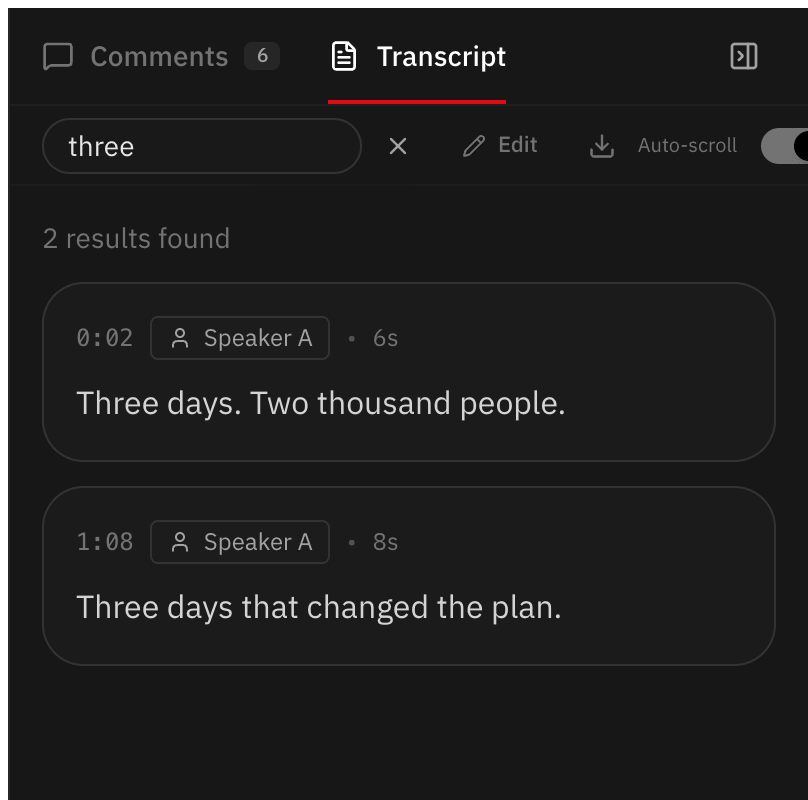 Video transcript with search, speakers and timecodes