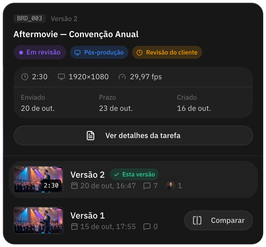 Versão 2 da tarefa com duração, resolução e taxa de quadros, e a versão anterior logo abaixo