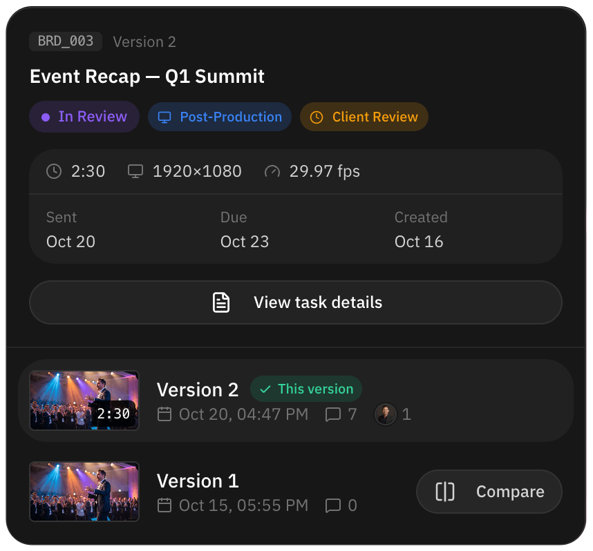 Version 2 of the task with its length, resolution and frame rate, and the earlier version below