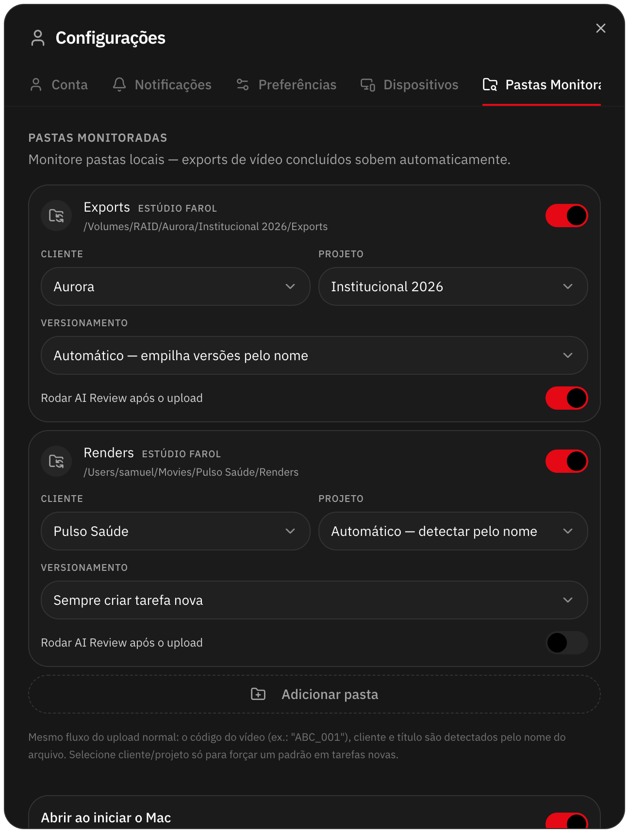 Pastas Monitoradas do app para Mac, cada uma com cliente, projeto e versionamento