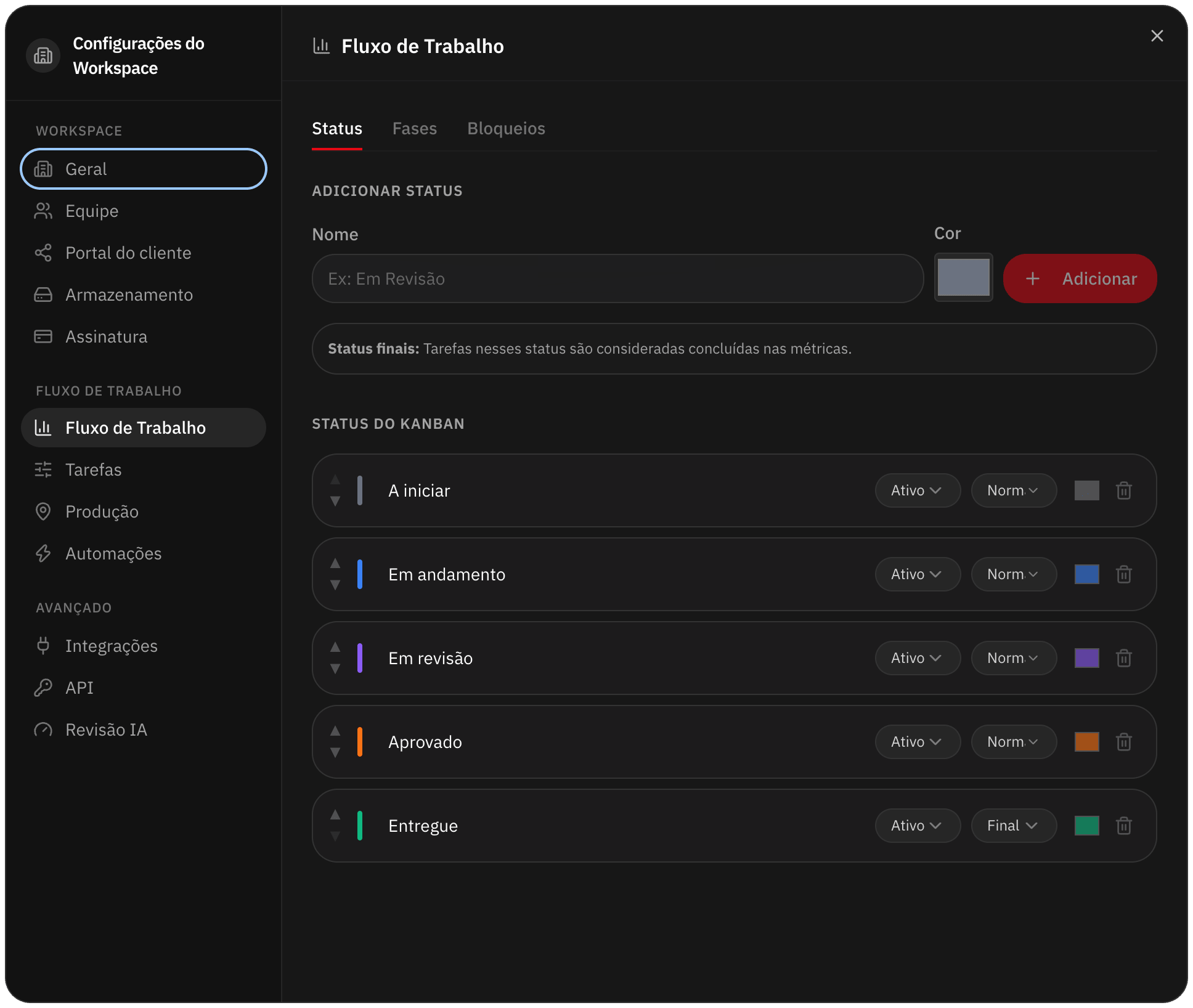 Configurações do fluxo de trabalho com as abas Status, Fases e Bloqueios e as colunas do quadro, de A iniciar a Entregue