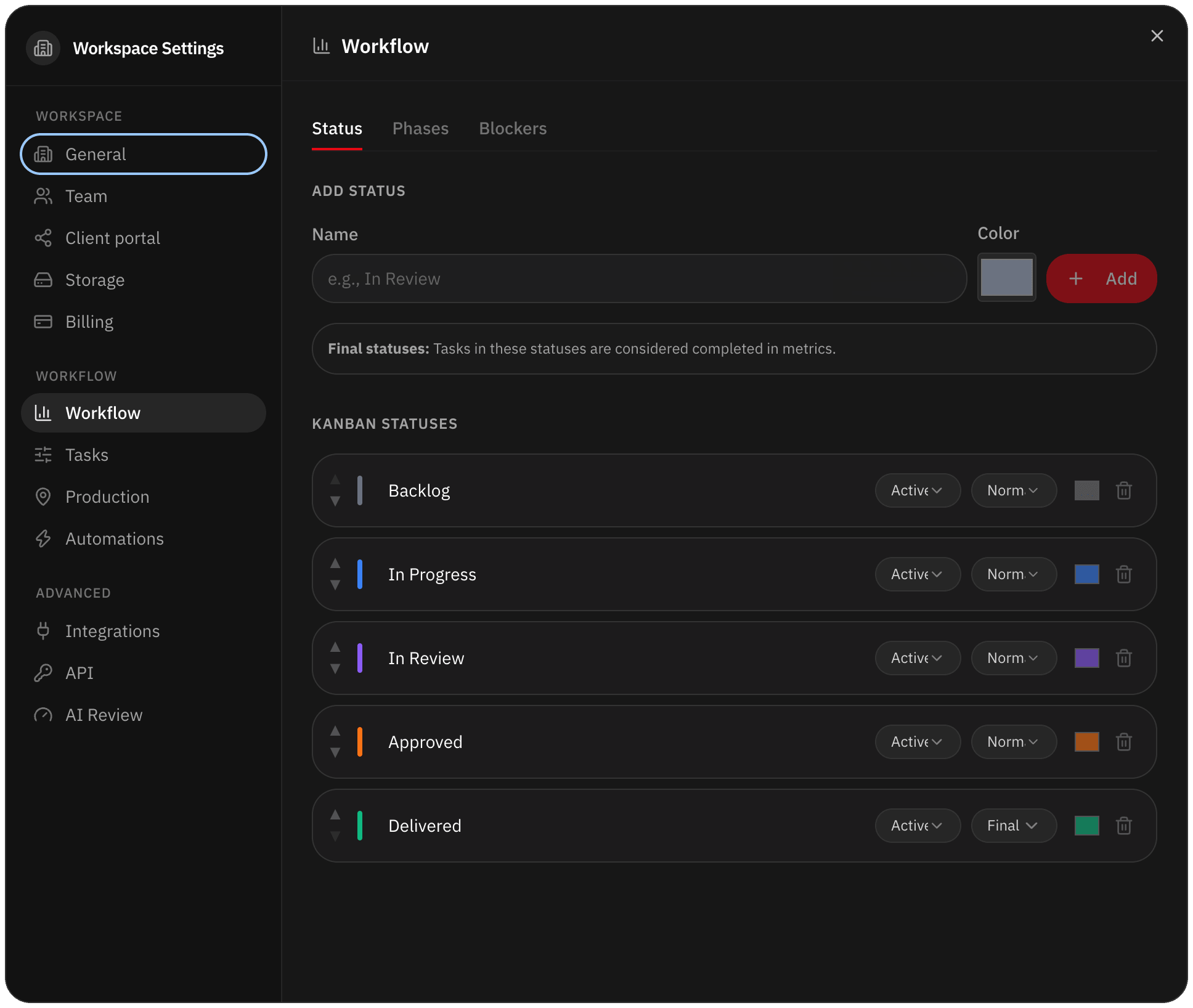 Workflow settings with the Status, Phases and Blockers tabs and the board’s columns, from Backlog to Delivered