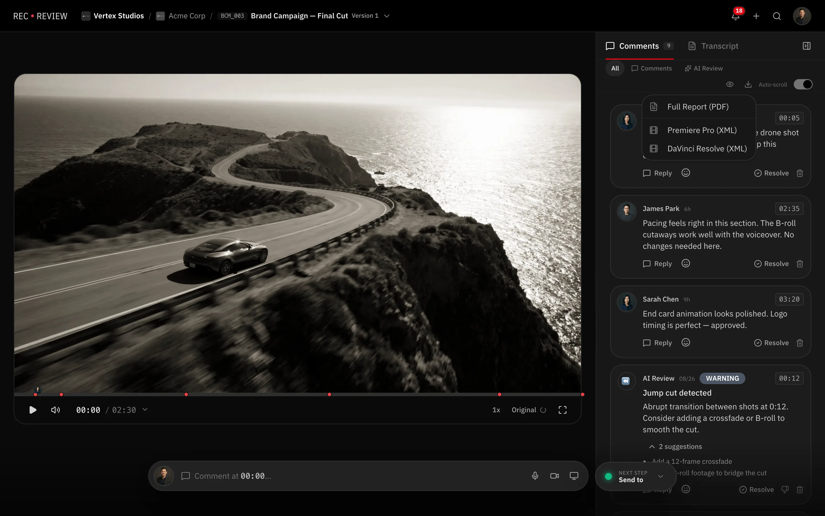 A página de review com o menu de exportação aberto: Full Report (PDF), Premiere Pro (XML), DaVinci Resolve (XML)