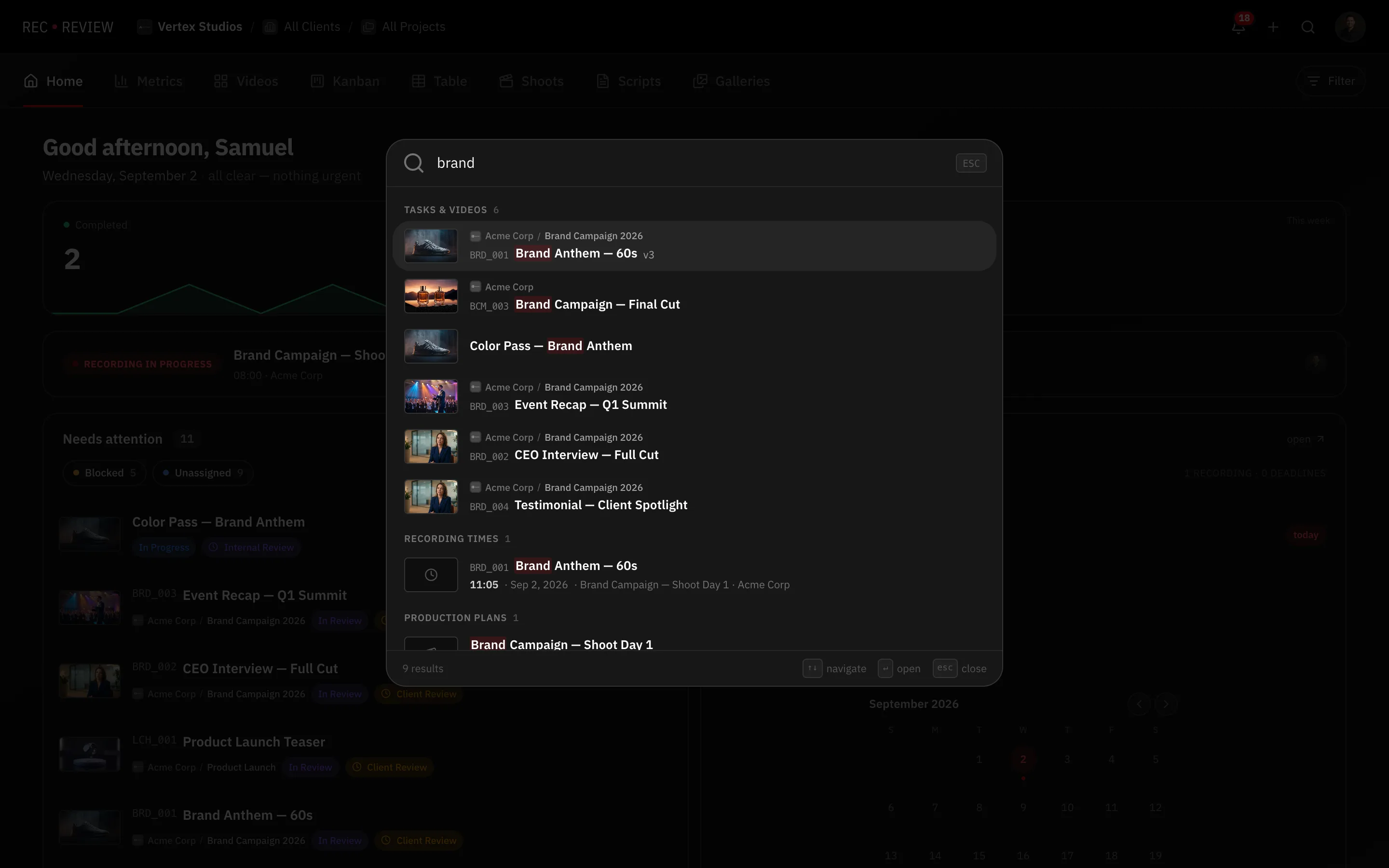 Global search open with results grouped under Tasks & Videos, Recording times and Production Plans