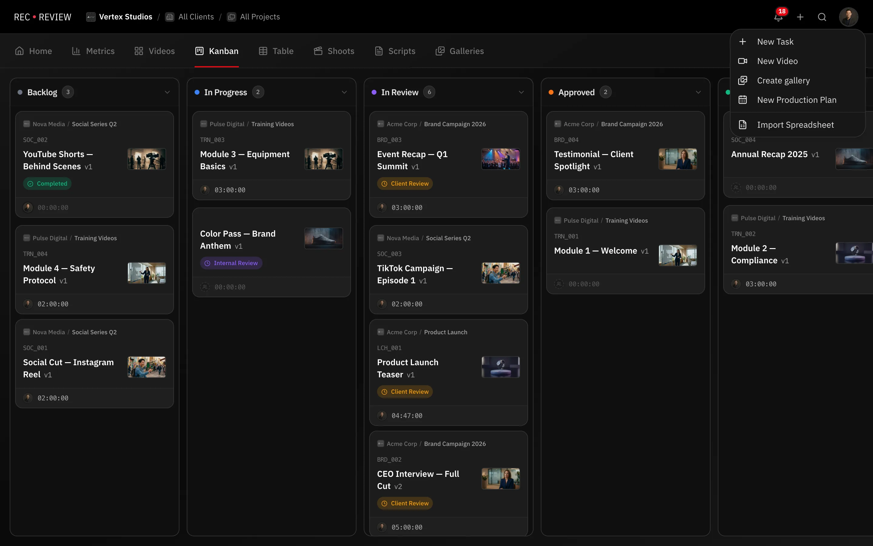 The + menu open in the header, listing New Task, New Video, Create gallery, New Production Plan and Import Spreadsheet