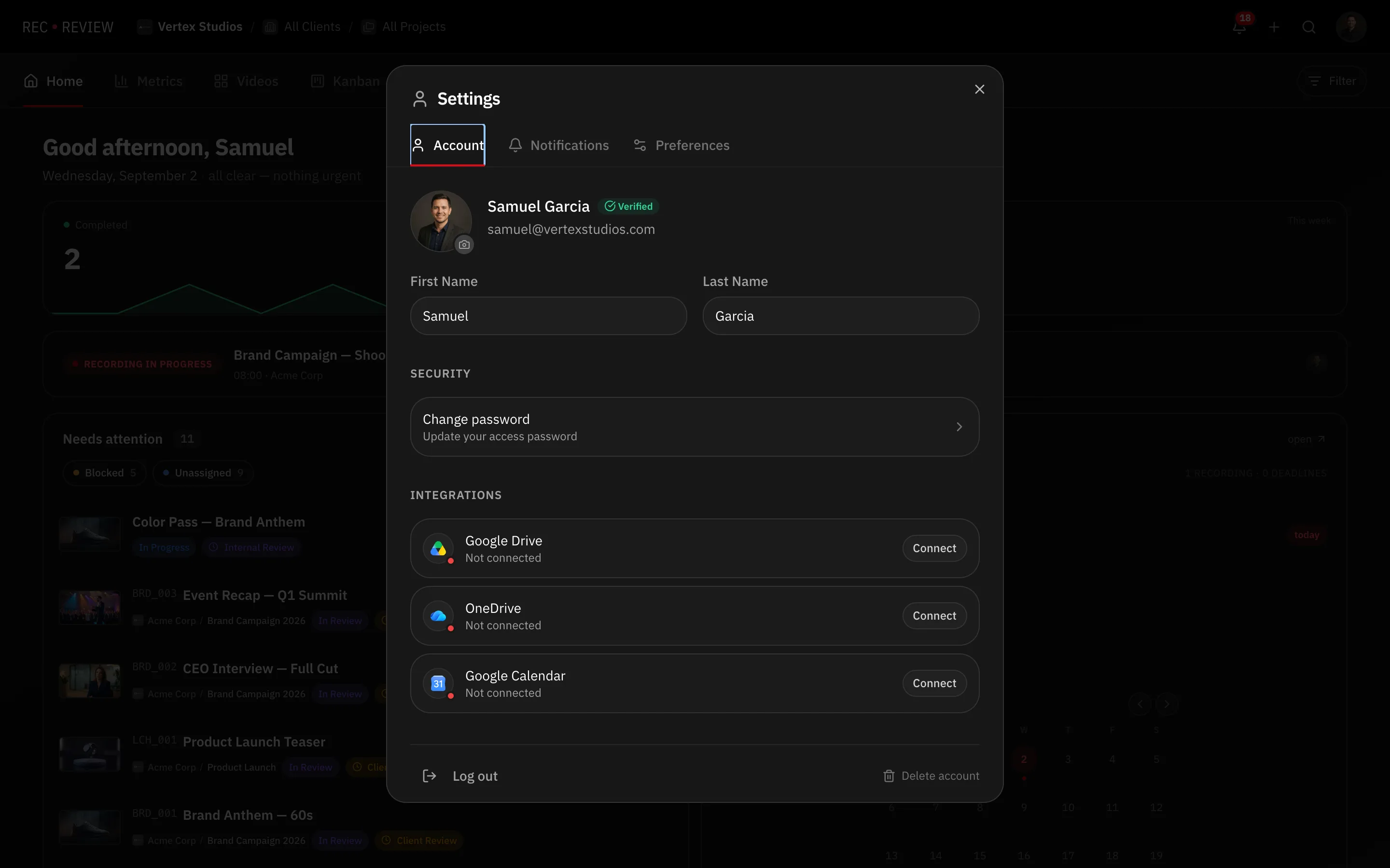 A lista de Integrações na aba Conta, com o botão Connect na linha do Google Drive
