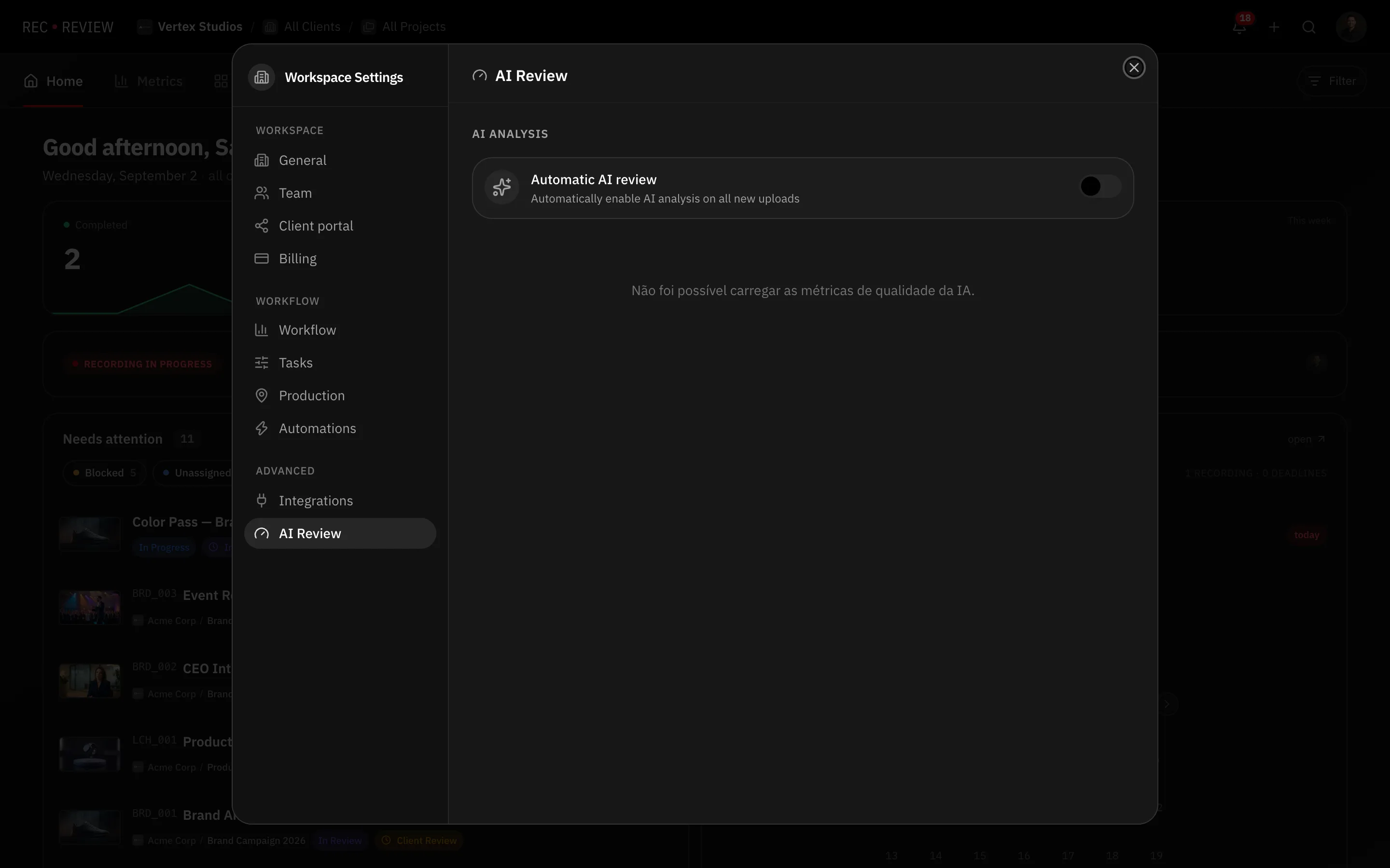 Workspace Settings › AI Review, with the Automatic AI review switch