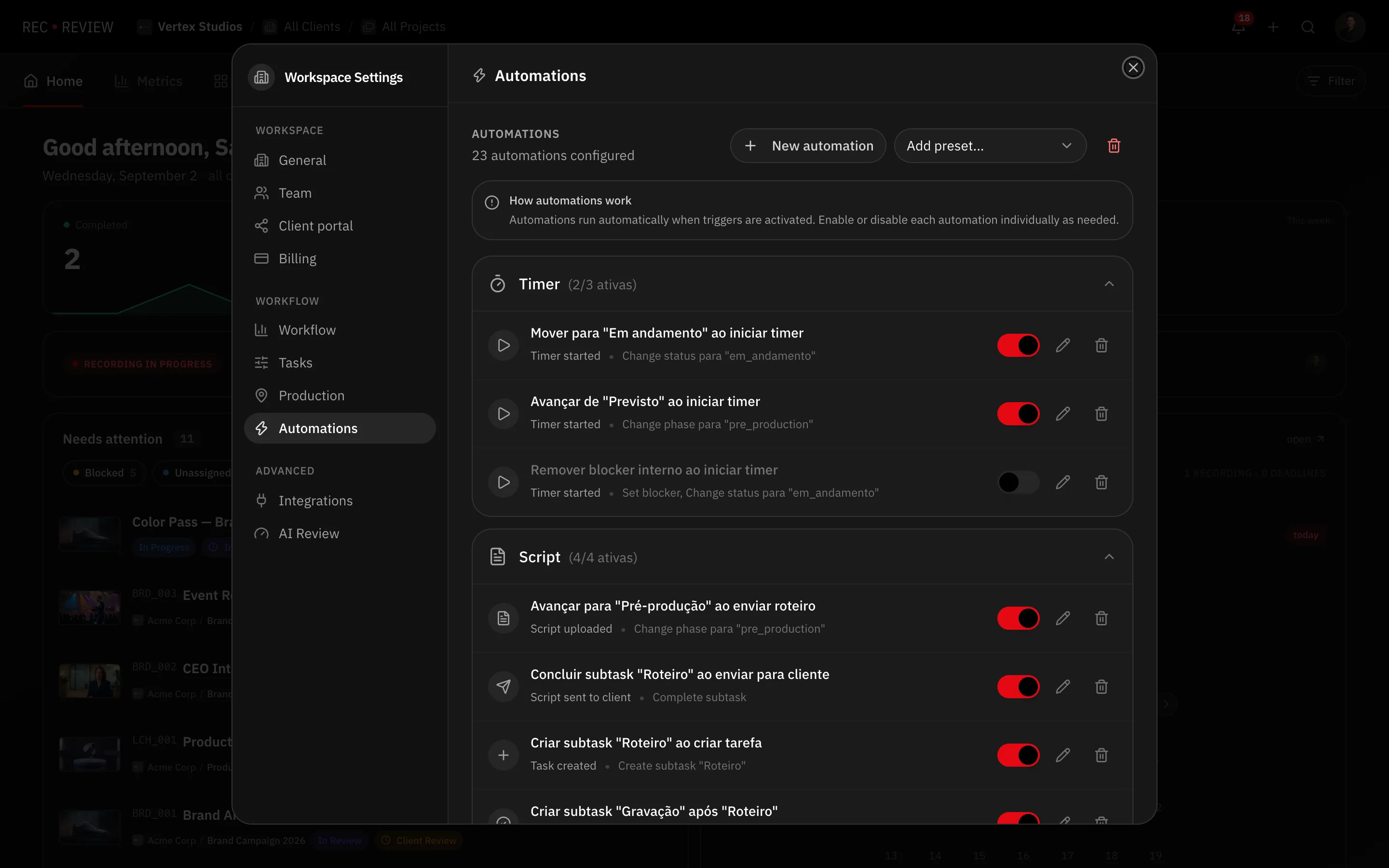Configurações do Workspace na aba Automações, com Nova automação, Adicionar preset e a lista de regras