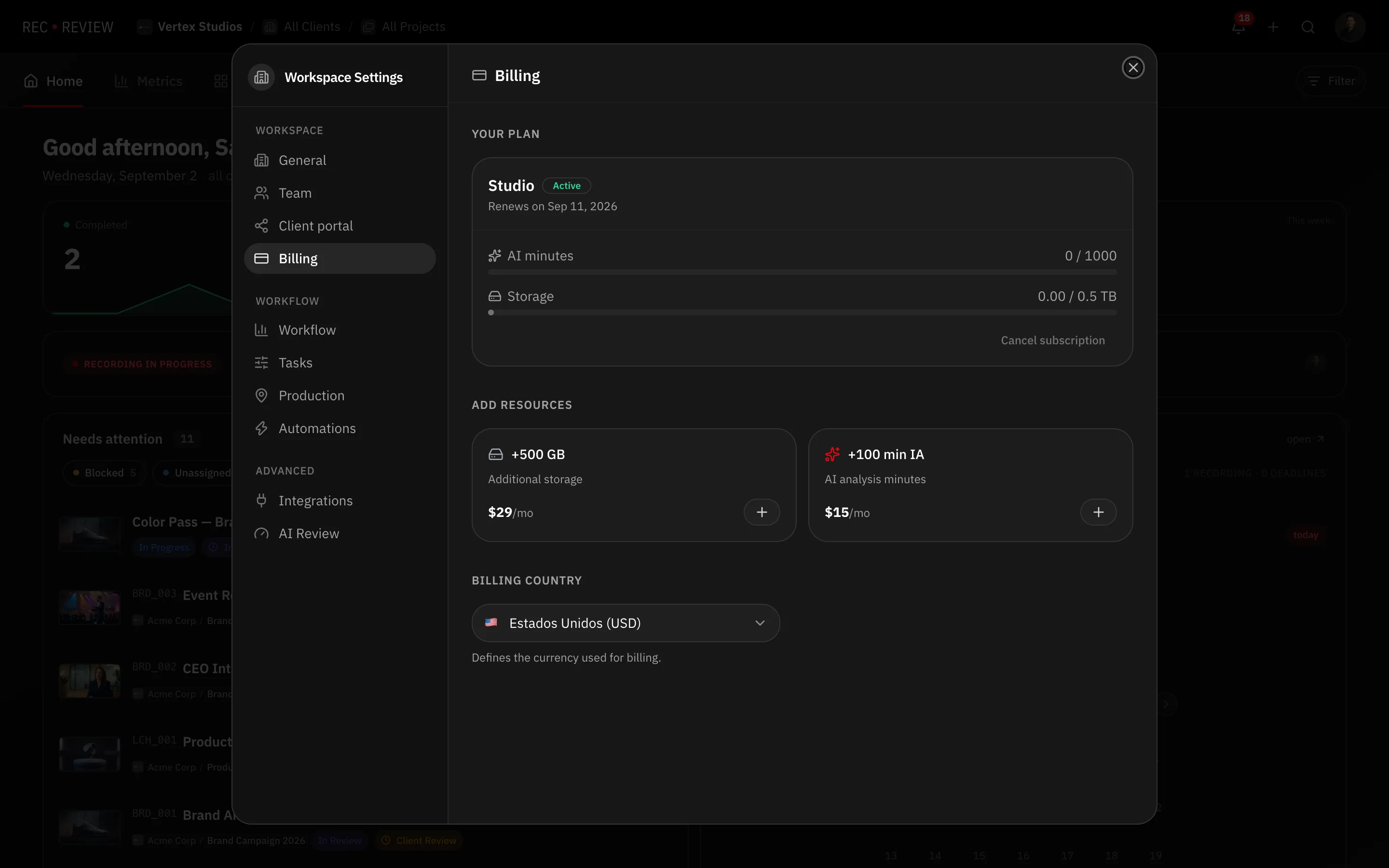 The Billing tab with the Storage bar and the +500 GB add-on card