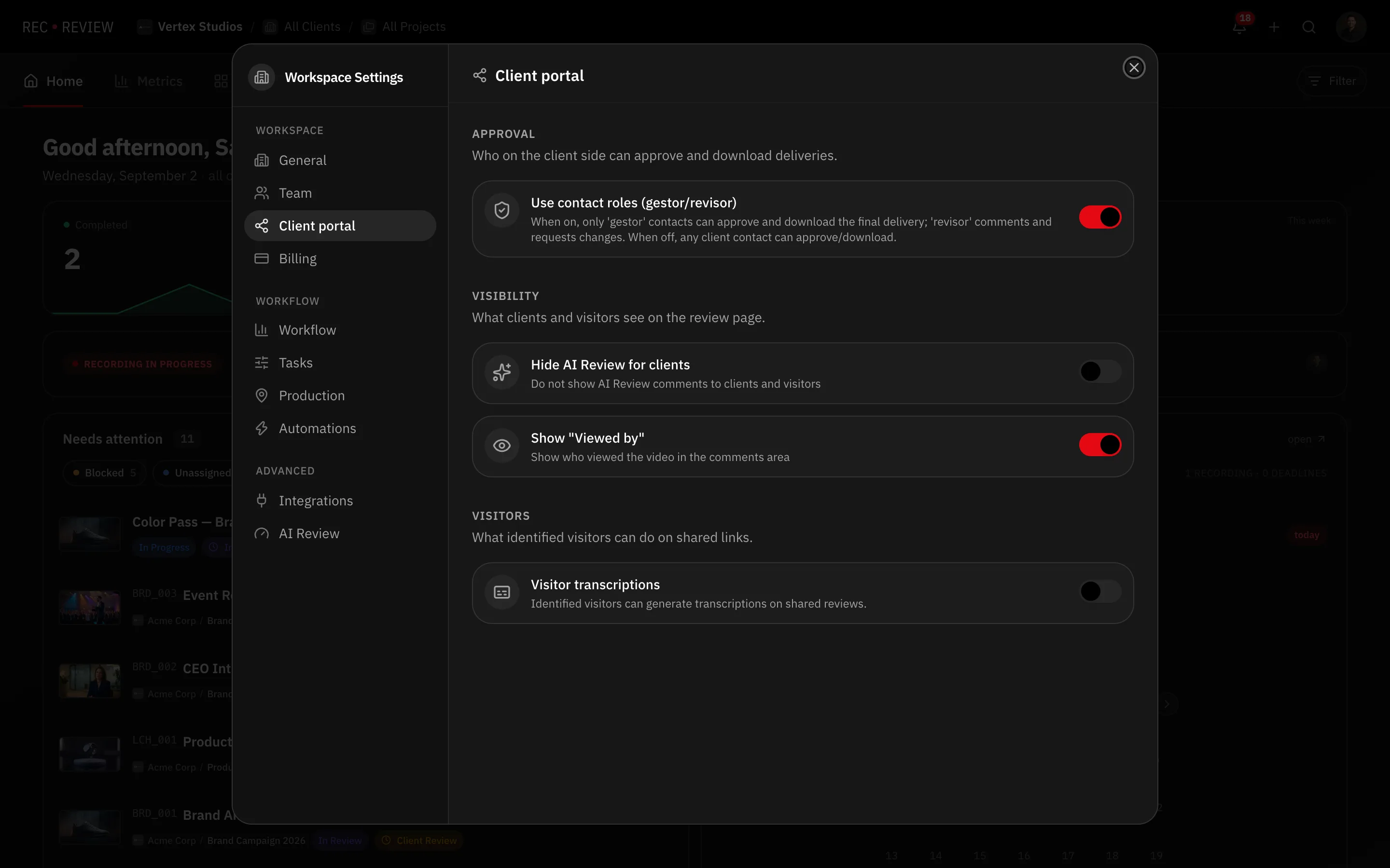 Workspace Settings on the Client portal tab, with the Approval, Visibility and Visitors sections