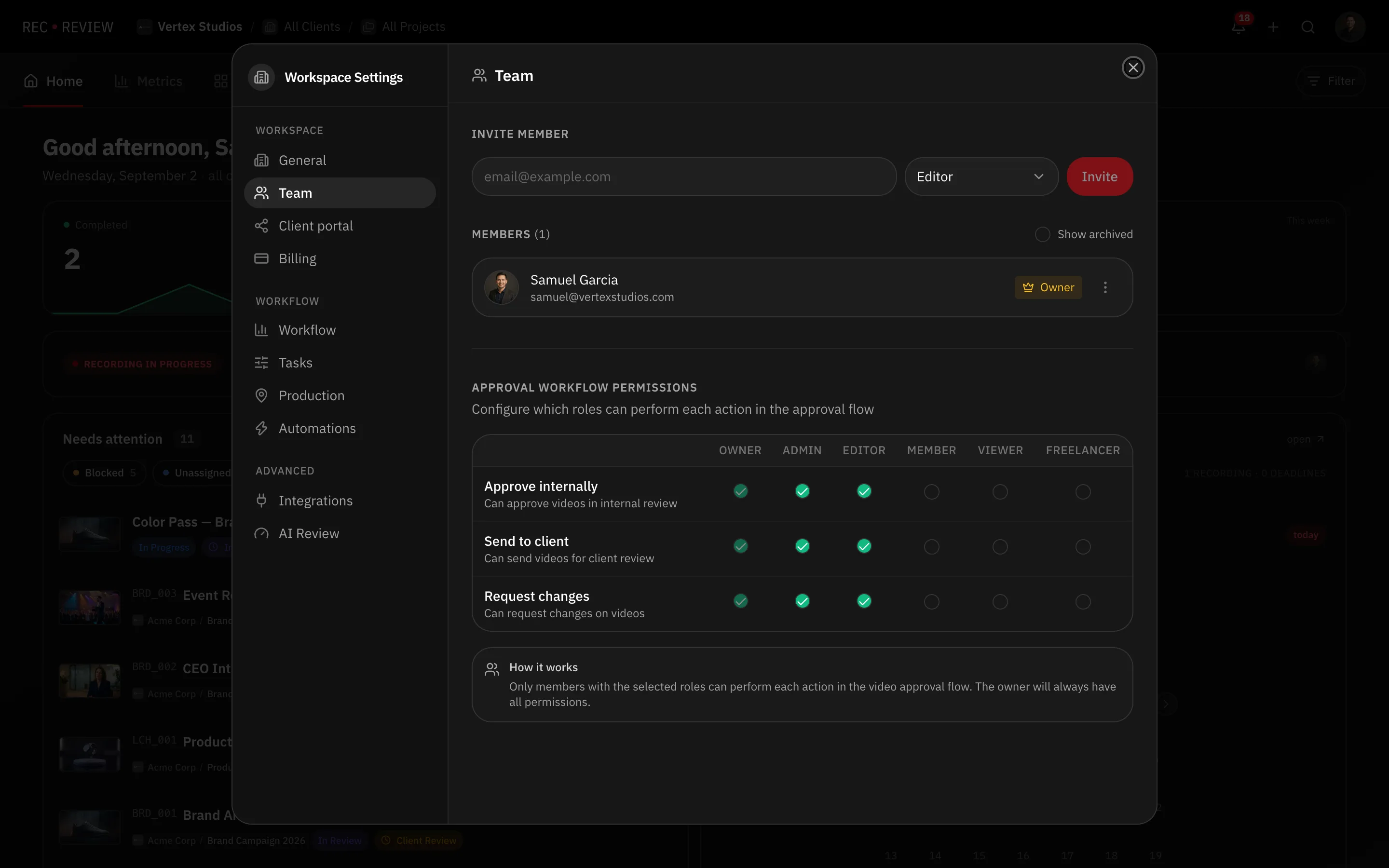 The Team tab of Workspace Settings, with the invite field and the role dropdown