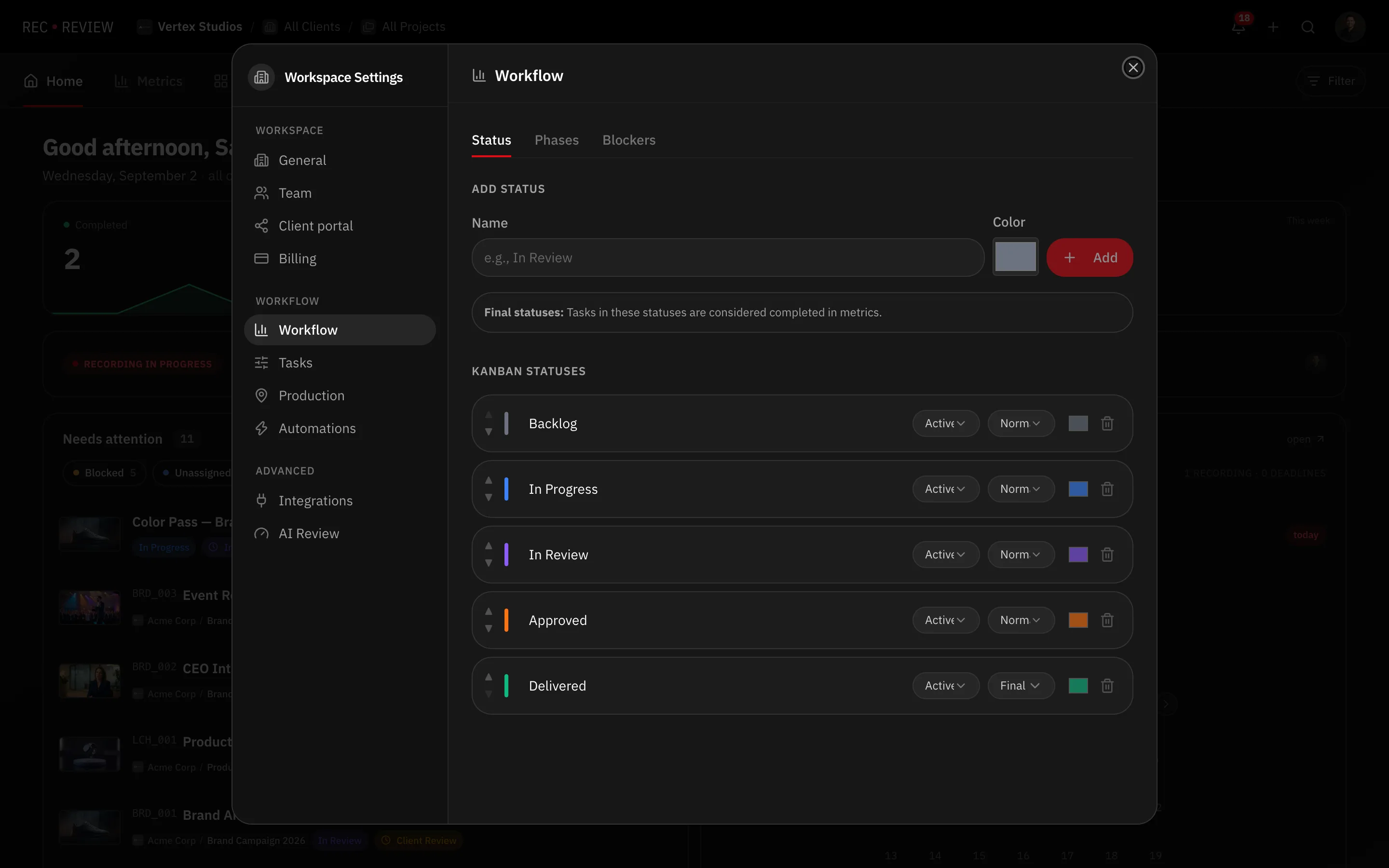 Configurações do Workspace na aba Fluxo de Trabalho, com Adicionar status acima da lista de status do kanban