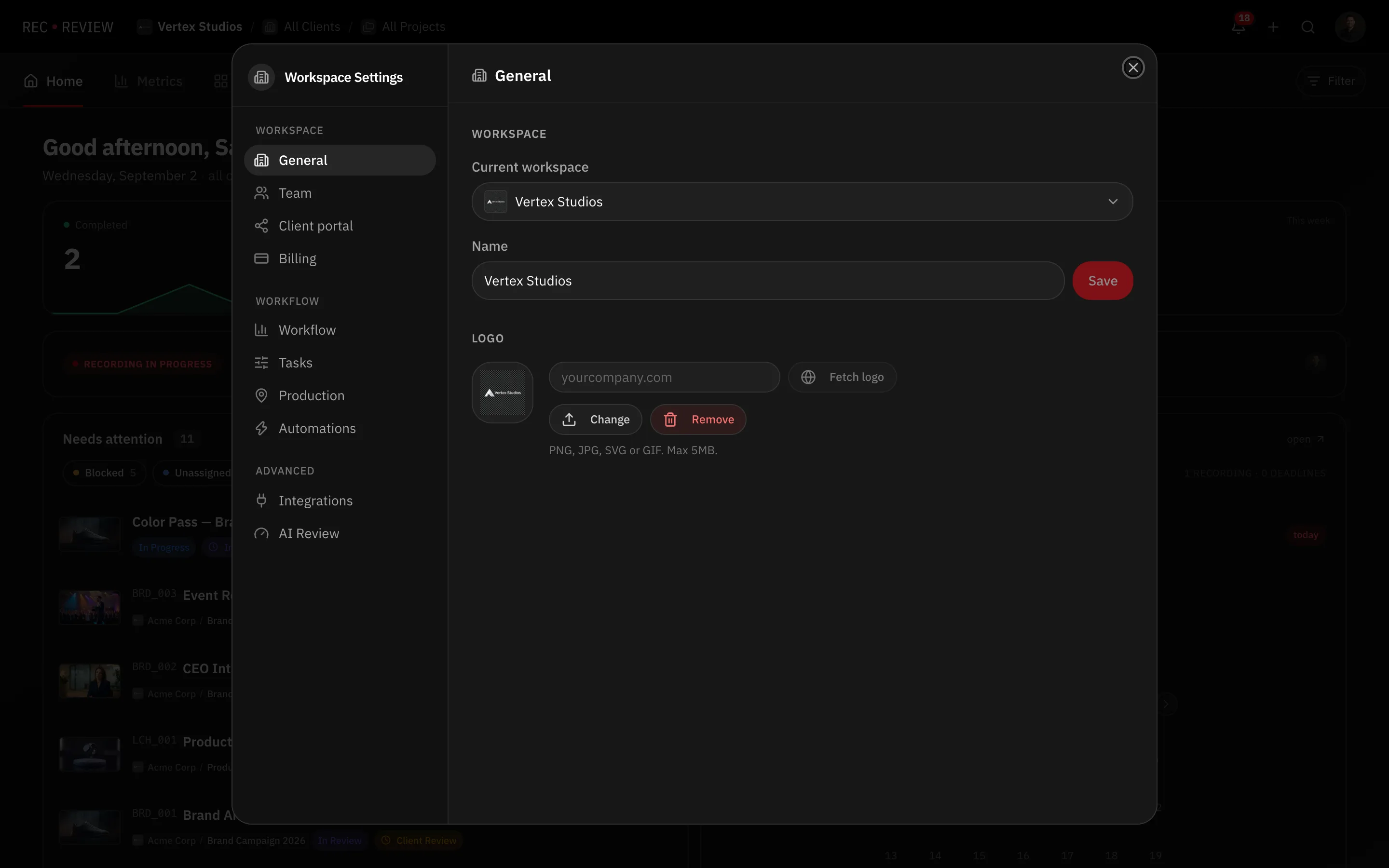 The General tab: Current workspace selector, the Name field with Save, and the Logo controls