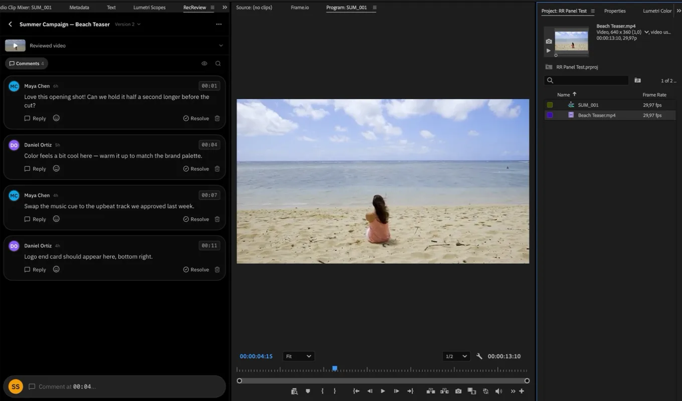 The RecReview panel open in Adobe Premiere, next to the program monitor