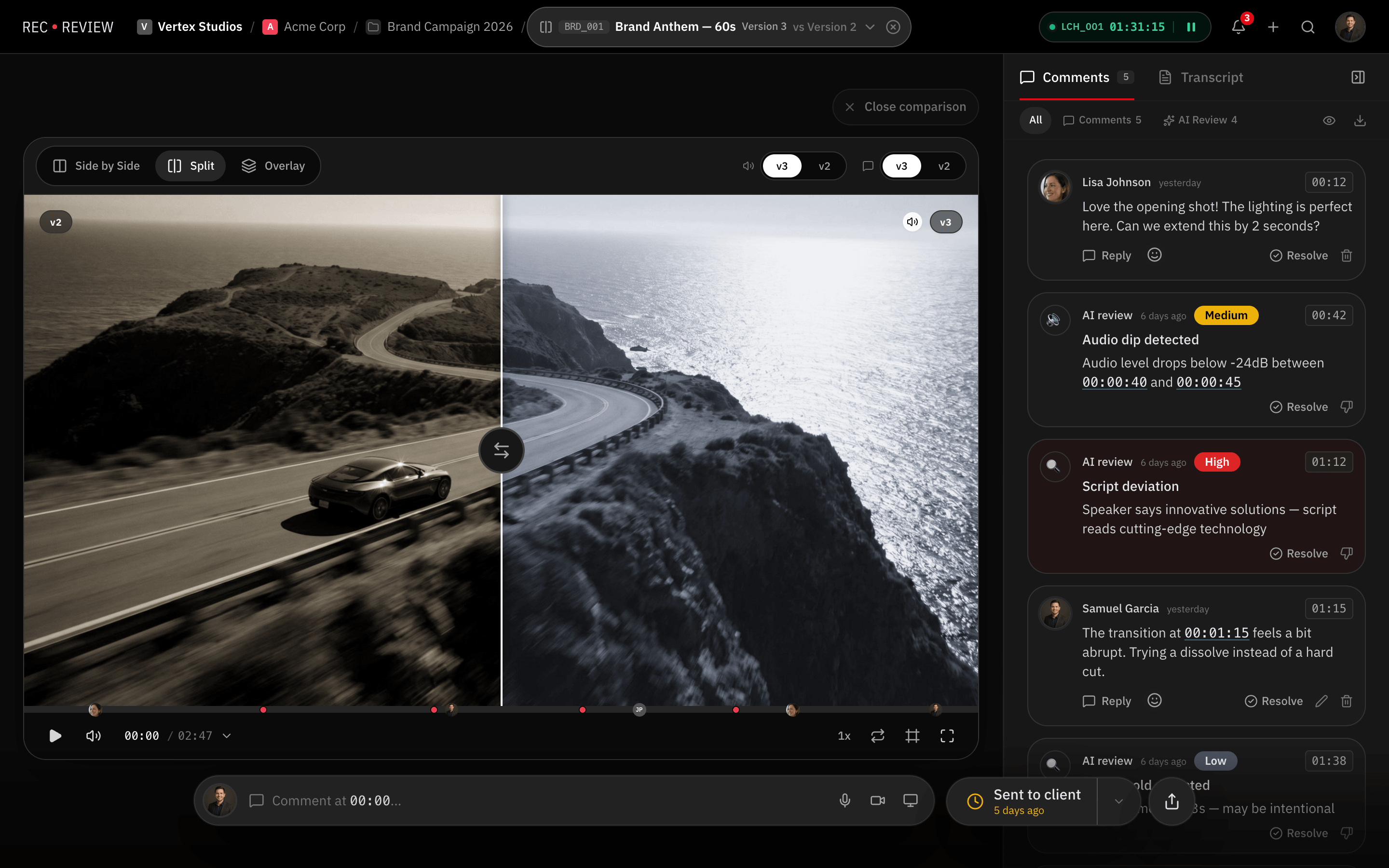 Two versions of a video compared side by side in RecReview